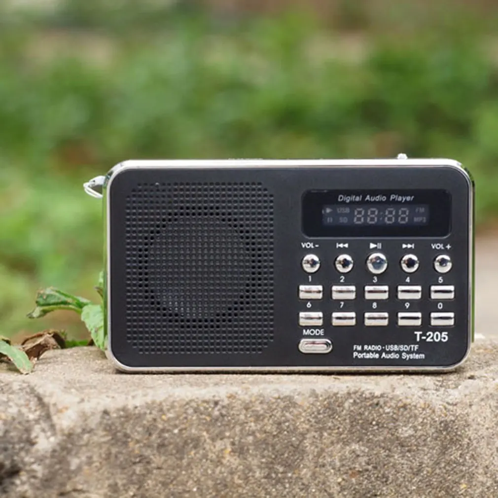 T 205 Portable Radio FM Support SD/TF Card Mini FM Radio Receiver Digital with USB LED Light Music Player for Phone MP3