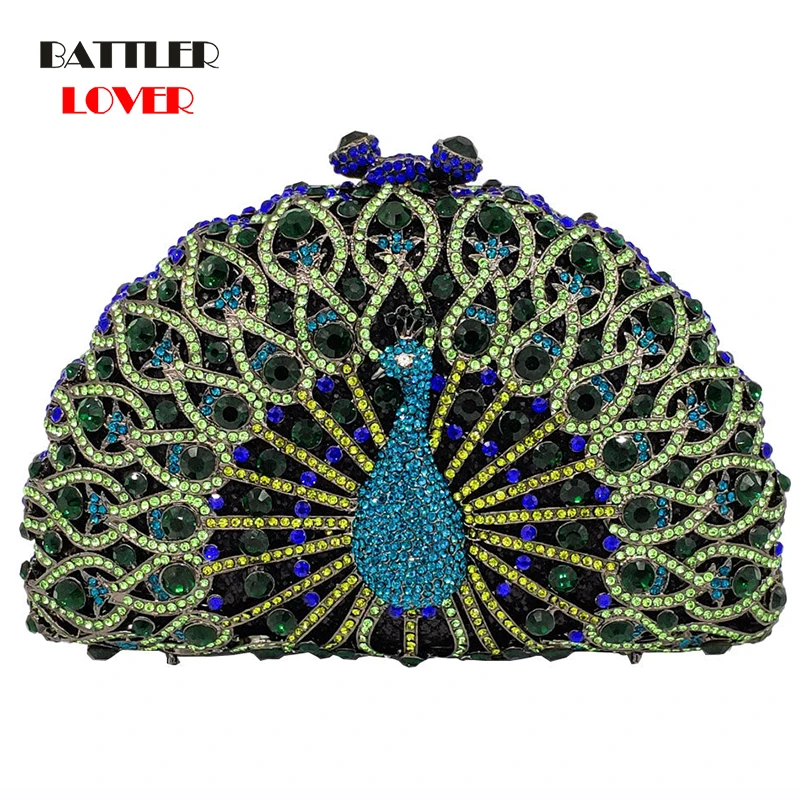 

Luxury Bags Women Green Crystal Women Peacock Clutch Evening Bag Party Minaudiere Handbag Wedding Clutches Bridal Diamond Purse