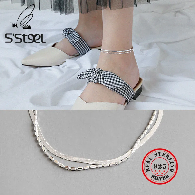 

S'STEEL 925 Sterling Silver Anklets For Women Double-deck Anklet Concise Chaine De Cheville Bracelet Femme Leg Barefoot Jewelry