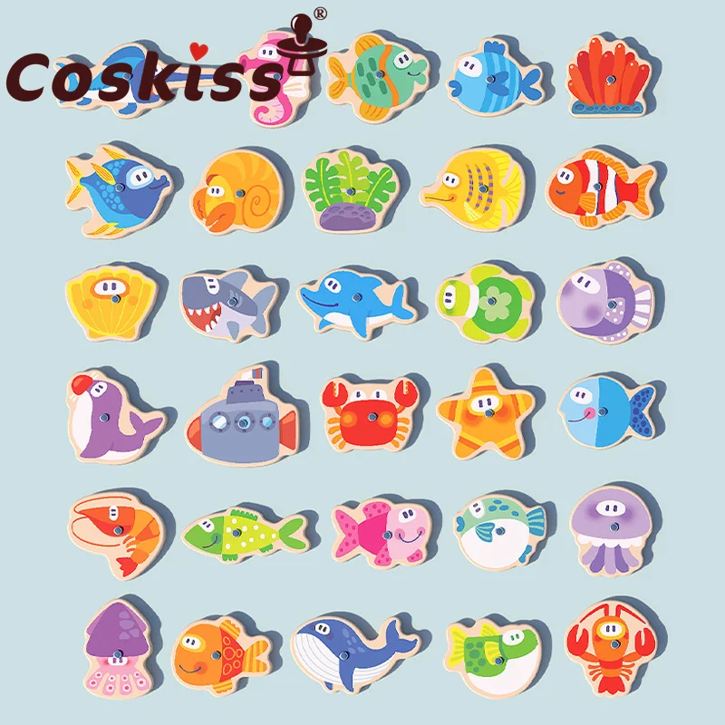 

Coskiss New 40pcs Barreled Wooden Magnetic Fishing Game Toys Cognition Double Rod 3D Ocean Fish Outdoor Play Baby Toy Gifts