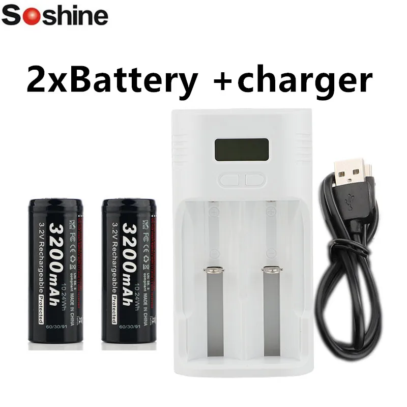 2 шт./лот Soshine LiFePO4 26650 3 в 3200 мАч перезаряжаемая батарея с защитой и зарядным