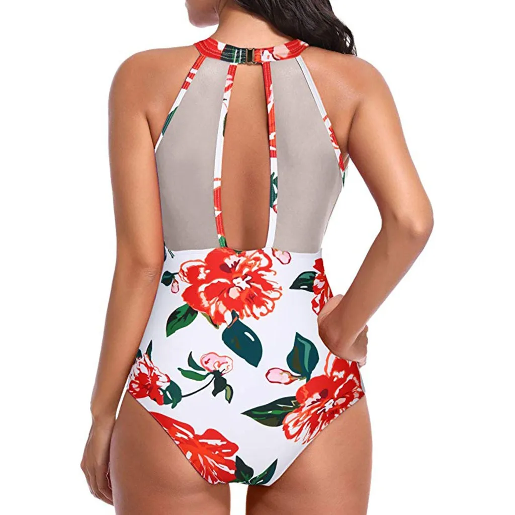 Сексуальное женское Сетчатое прозрачное цельное бикини с цветочным принтом