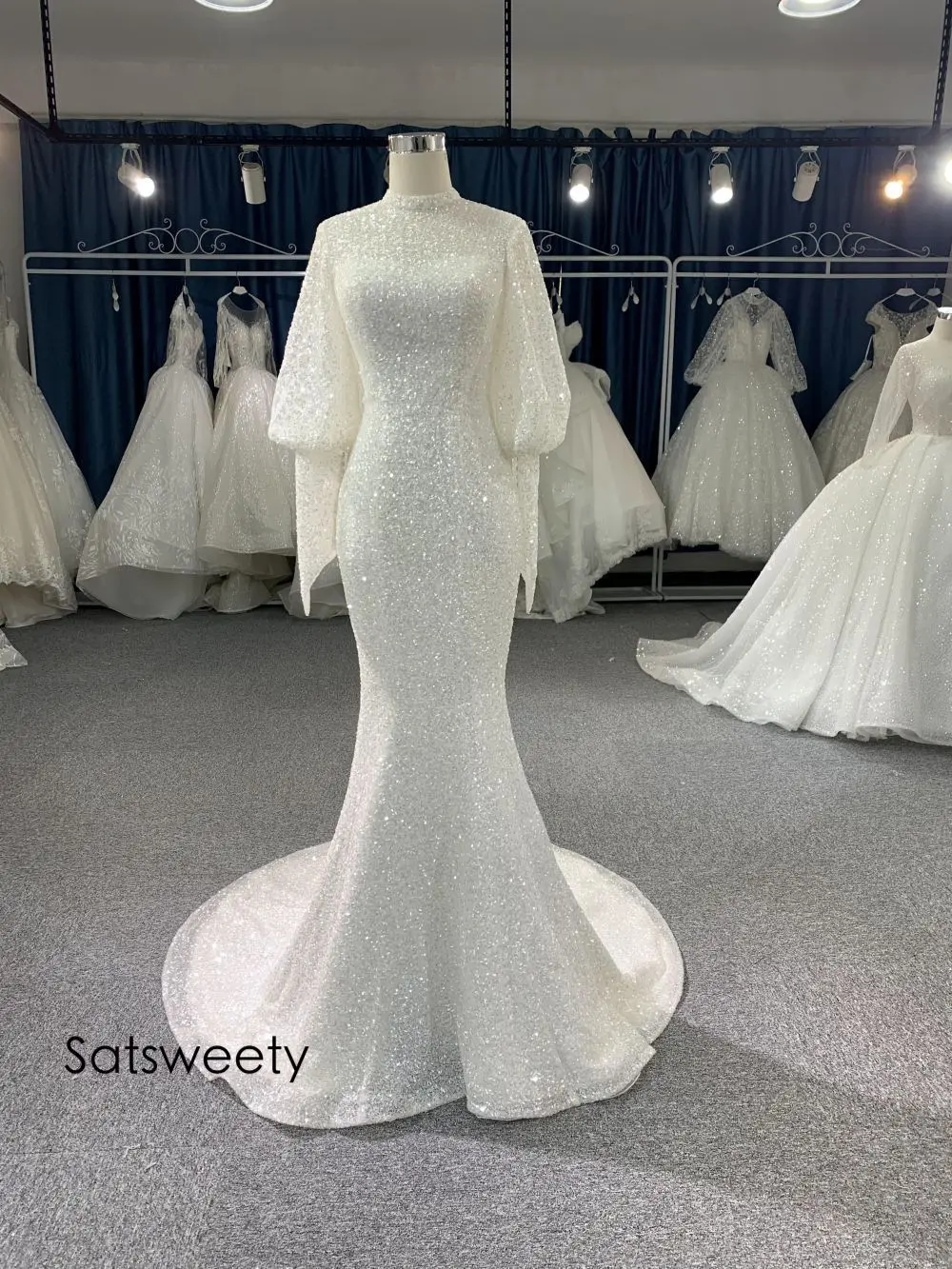 

Real Photos Sparky Wedding Dress 2021 Beaded Mermaid Bridal Dresses Customized High Neck Bridal Gown Vestido de Noivas