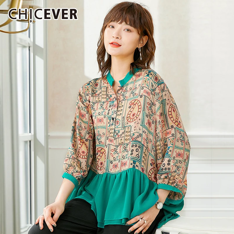 

CHICEVER Casual Patchwork Print T Shirt For Women Lapel Collar Loose Hit Color Ruched T Shirts Female Fashion 2021 Clothing
