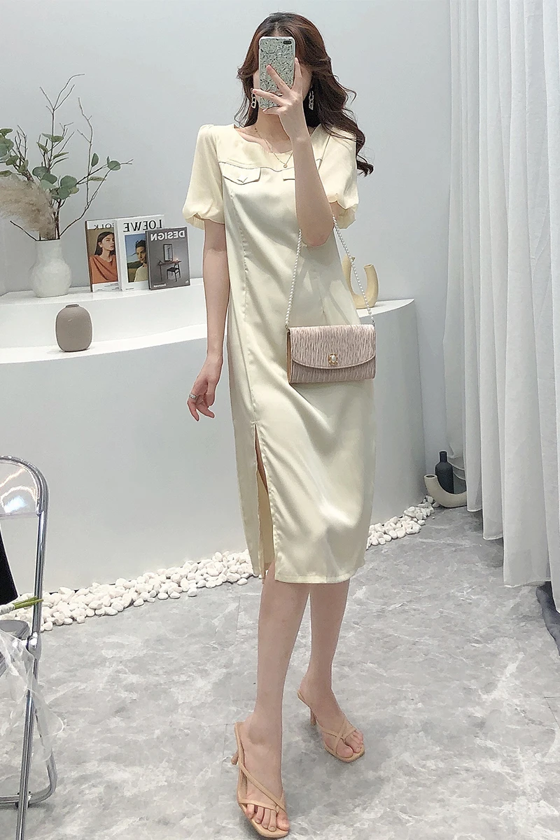 

Korean Style Elegant Hiding Puff Sleeve Dress for Women High Waist Slimming Slit Dress Female Summer 2021 A Line Midi Dress