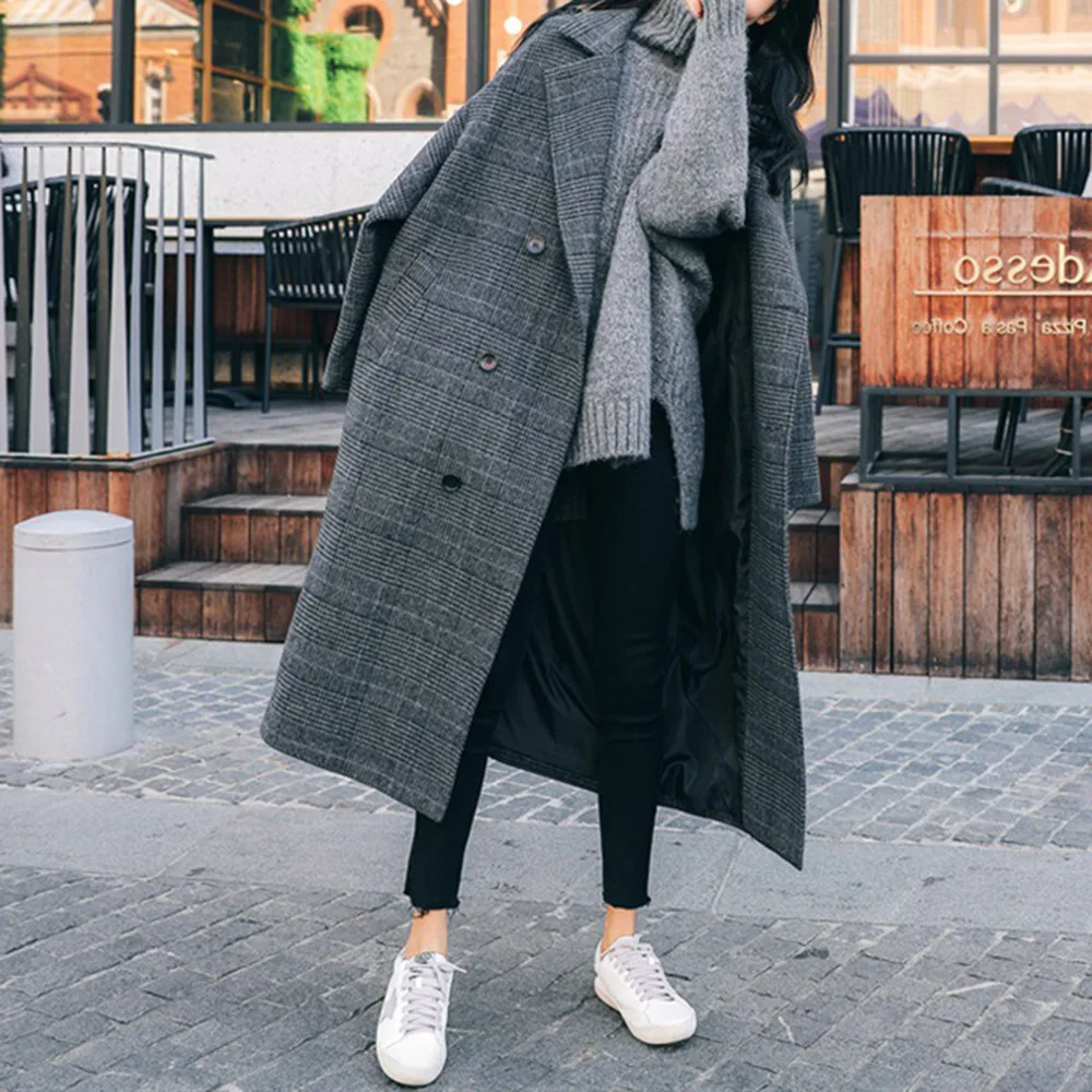 

Женское шерстяное пальто в клетку, осенне-зимнее плотное теплое корейское модное свободное повседневное простое пальто с длинным рукавом, ...
