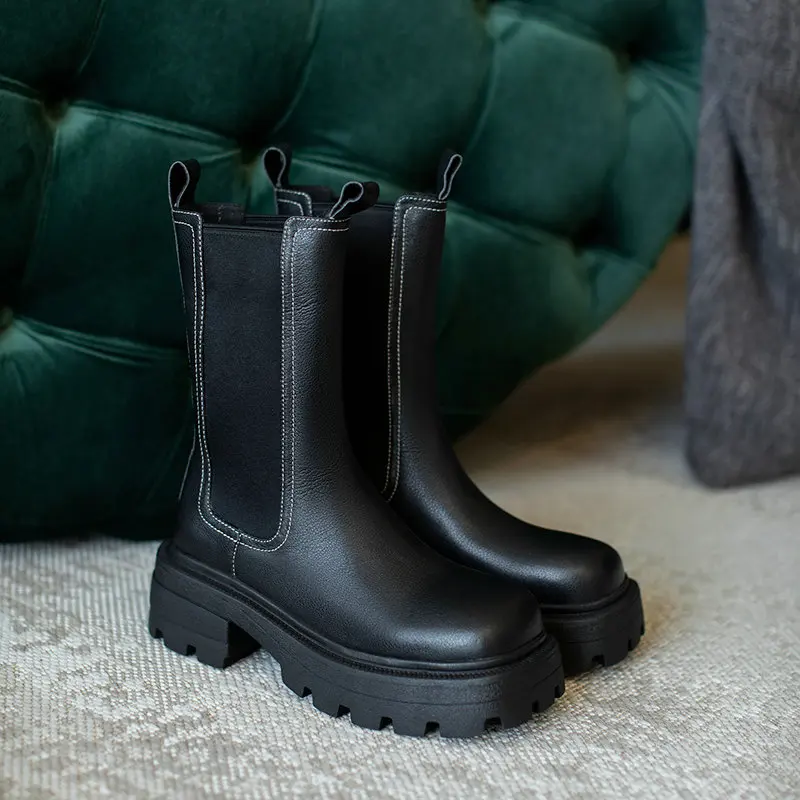 

Concise Platform Genuine Leather Women's Autumn Winter Ankle Boots Square Toe High Heels Shoes Woman Party Office Shoes Woman
