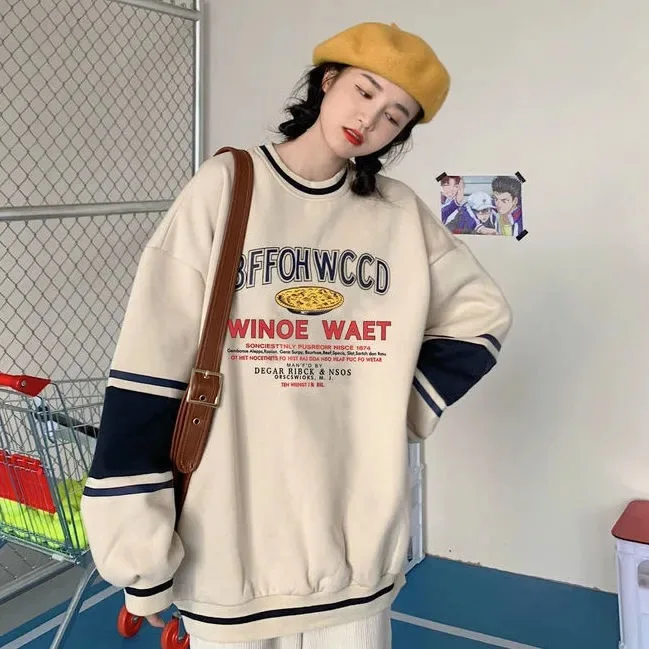 

Vintage Letter Print Crewneck Sweatshirt for Teens Women Long Sleeve Tops New Korean Harajuku Hoodie Clothes Streetwear Women