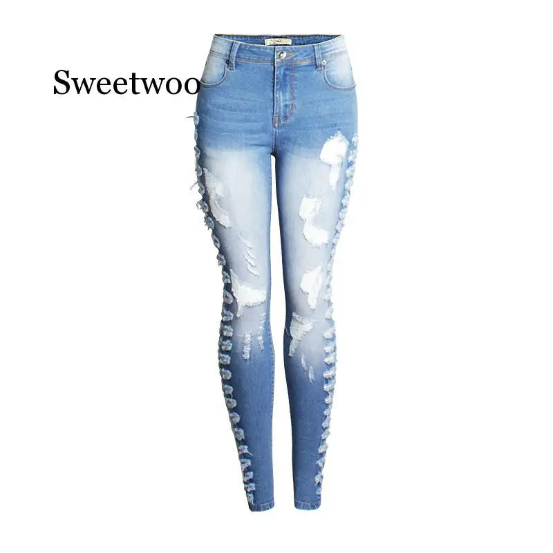 

2020 New Spring Plus Size Stretchy Ripped Jeans Woman Side Distressed Denim Skinny Pencil Pants Trousers For Women