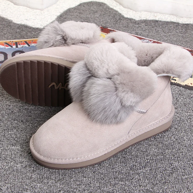

Swyivy Fox Fur Ball Warm Winter Shoes Women Genuine Leather Snow Boots Plush Fur 202 New Female Warm Ankle Boots Winte Shoes