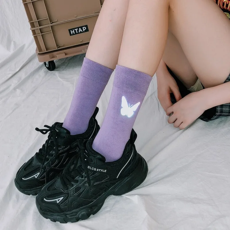 

Women Socks Cotton Butterfly Cartoon Sock Woman Solid Color High Funny Novelty Ladies Sox Spring Autumn Female Trendy Calcetines