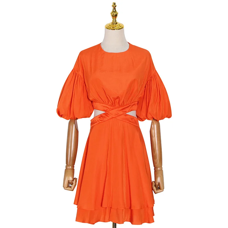 

HIGH QUALITY Newest Fashion Spring/Summer 2021 Puff Sleeve Open Waist Tie Pure Color Round Neck A-line Lightly Cooked Cake Dress