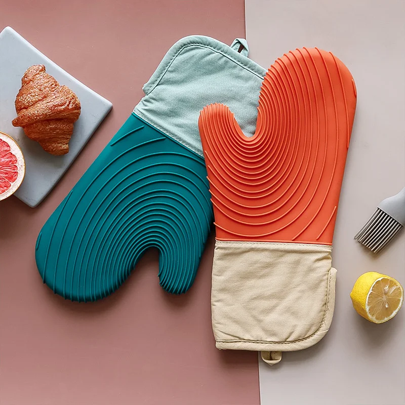 

Baking Gloves Silicone Kitchen Gloves Heat Insulation Non-slip Microwave Oven Mitts Lined Cotton Gloves BBQ Kitchen Baking Tool