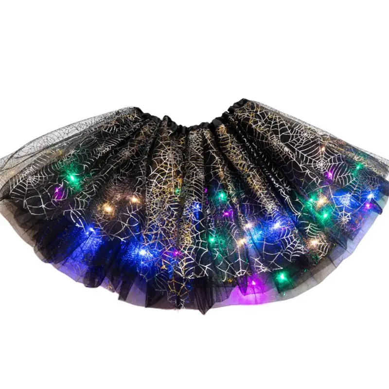 

Toddler Kids Girls Metallic Spider Web Tutu Skirt LED Light Up Princess Hallowee 6XDA