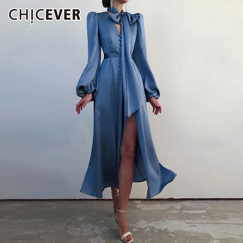 

CHICEVER повседневное белое платье для женщин с v-образным вырезом, рукавами-фонариками, высокой талией, разрезом, на шнуровке, с бантом, однотон...