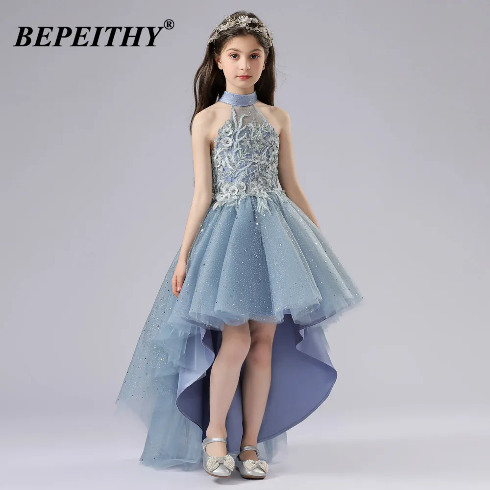 

BEPEITHY A-Line Full Length High Collar Little Girl Dress For Wedding Party 2021 Sleeveless Childern Evening-Party Gown Comunion