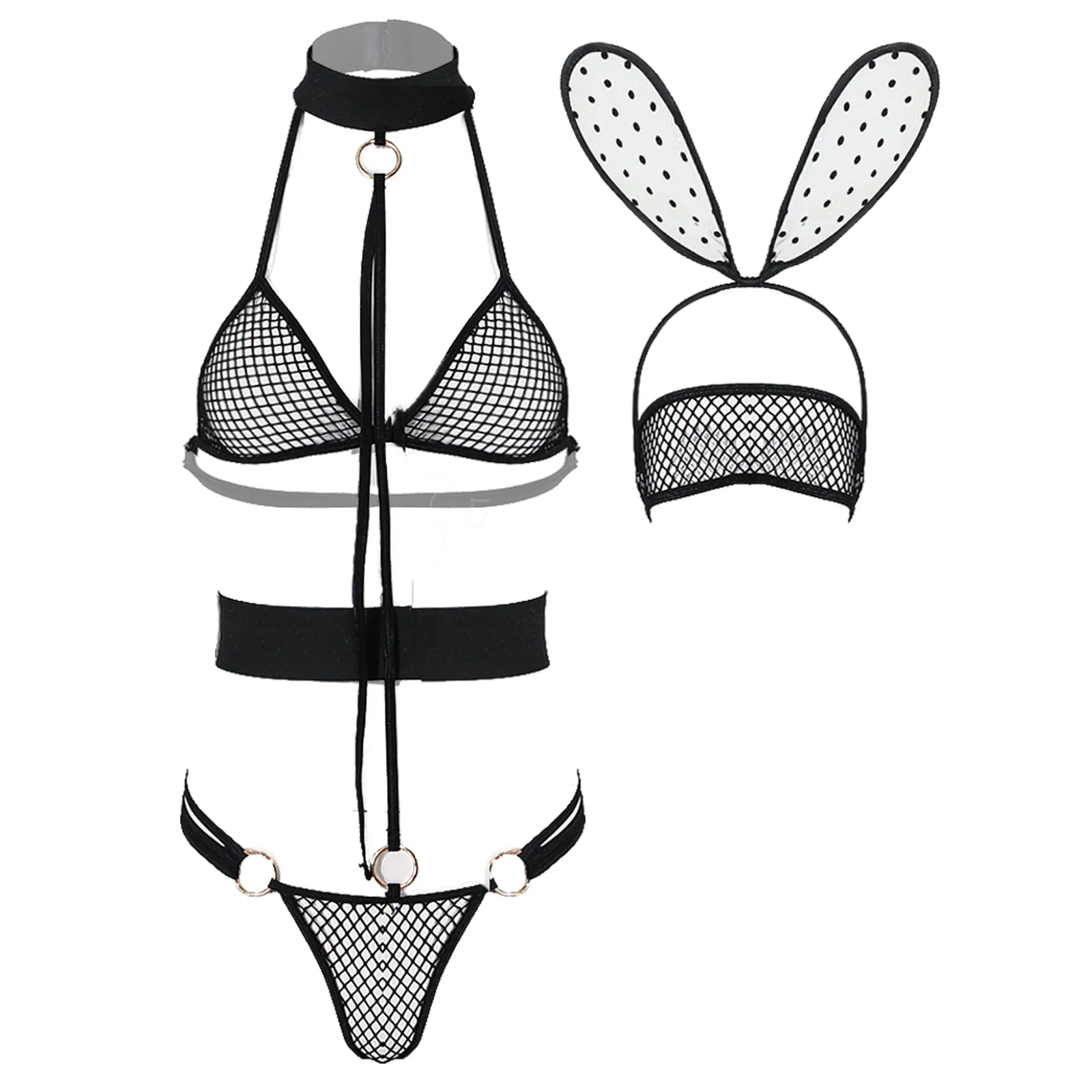 

Fishnet Bodysuit Women Anime Girl Cosplay Costume Halter See-Through Honeymoon Gift Hollow Out Leotard with Rabbit Ears Eye Mask