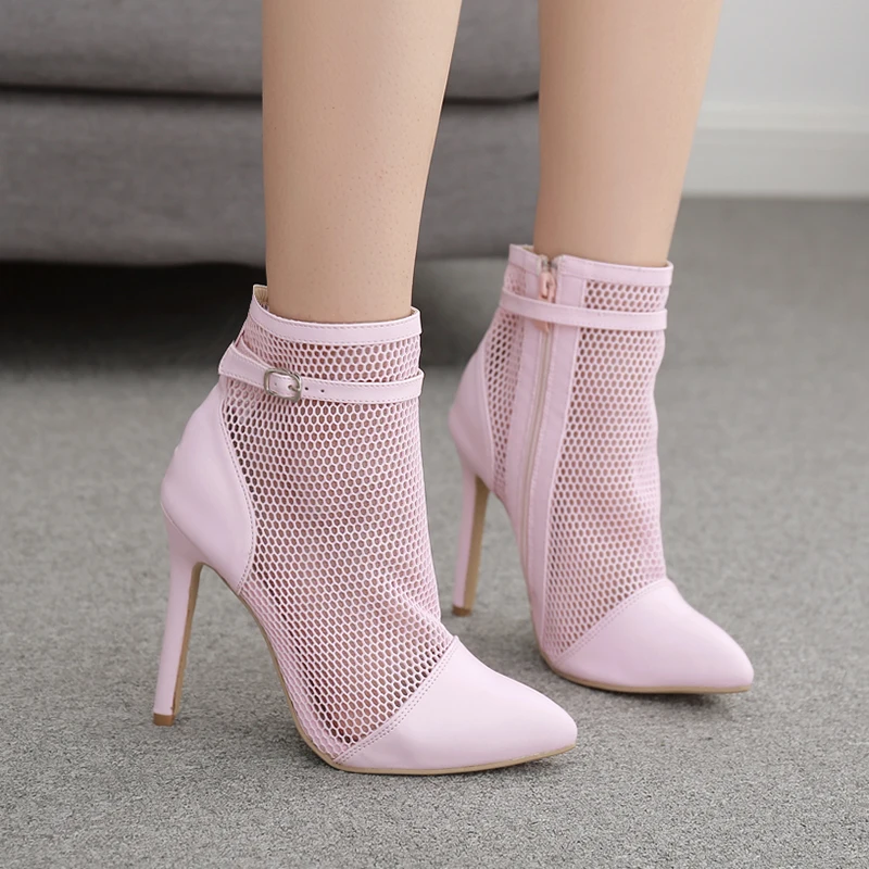 

NIUFUNI Mesh Ankle Boots Plus Size 35-41 Pointed Toe Women Boots Stiletto High Heels Zipper Slim Shoes For Women Summer Buckle