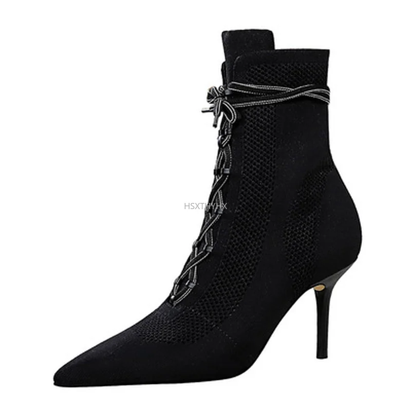 

2021 Lace Up Wild Women's Boots Pointed Toe 8CM High Heels Black Martin Boots Autumn Stretch Knitting Sexy Party Boots for Women