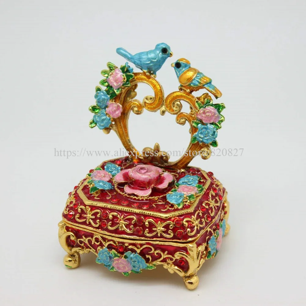 Винтажная ручная роспись Love Birds Faberge яйцо Горный Хрусталь Шкатулка для бижутерии двойные ювелирные изделия с изображениями птиц коробка