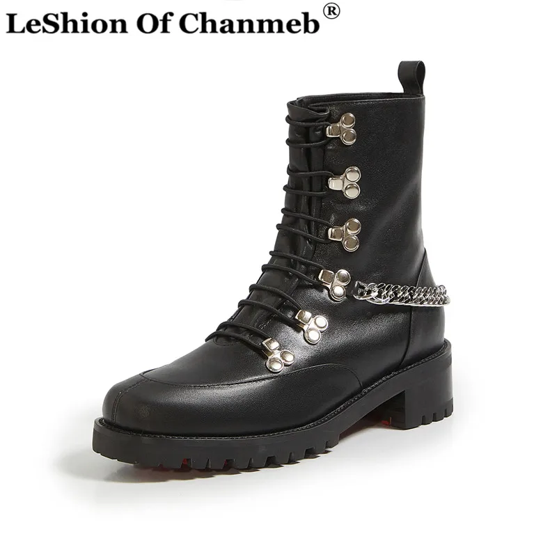 

Chunky Heels Punk Boots Natural Cow Leather Women Metal Chain Street Shoes Female Platforms Motorcycle Boot Ladies Autumn Winter