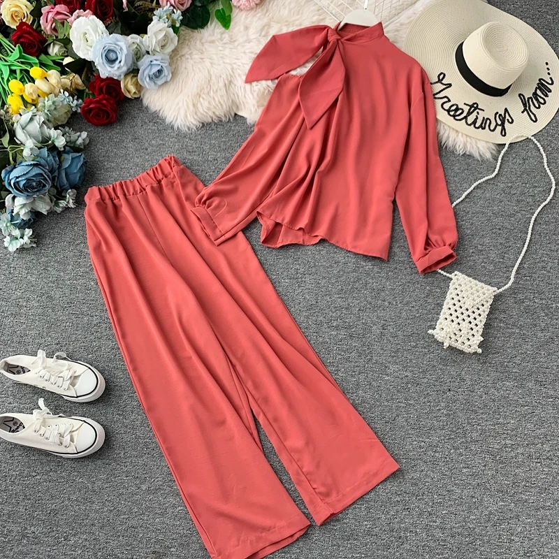 Autumn Women Off Shoulder Bowknot Pullover Suits Blouse &amp Long Leg Pants Urban Ladies Sleeves Elegant Solid 2 Piece Set | Женская