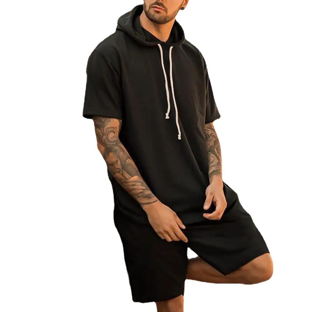 

Men Outfit Hooded Breathable Black Short Sleeve Loose T-shirt Shorts Set for men sets short outfits Black xxxl Summer