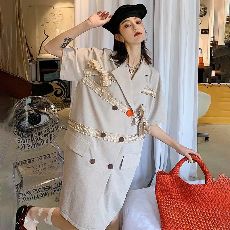 

CHICEVER Straight Dress For Women Notched Short Sleeve Patchwork Bowknot Designer Sweet Dresses Female 2021 Summer Clothes New