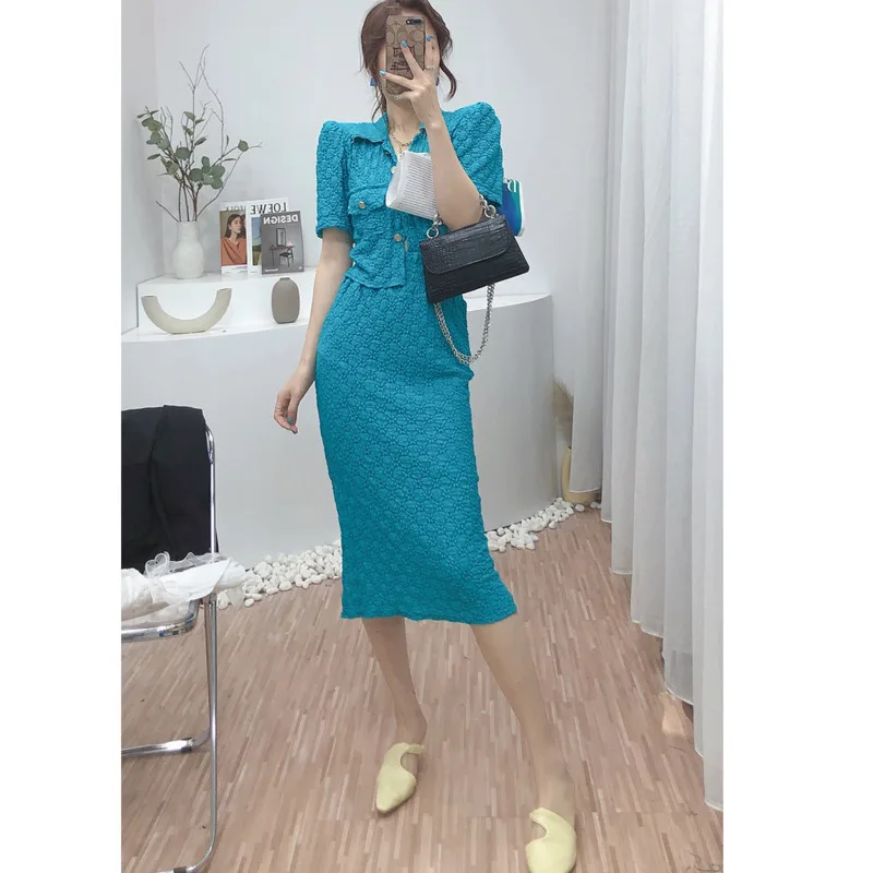 

Korean Style Suit Dress Female Summer 2021 New Hollow Short-sleeved Shirt High Waist Long Skirt Two-piece Elegant Za Suit Dress