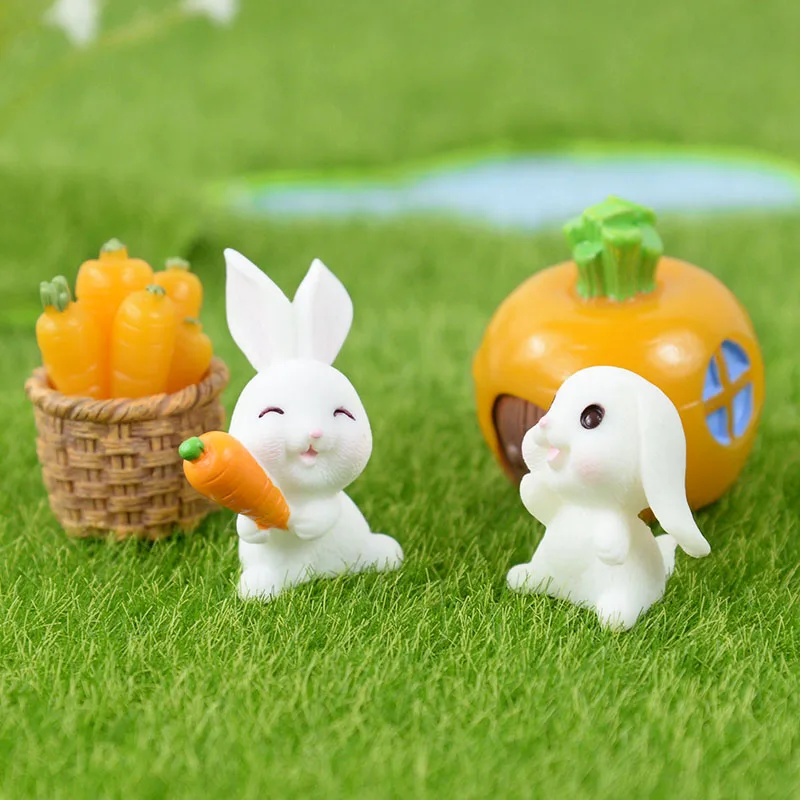 

1set White Rabbit Easter Figurine Micro Landscape Diy Resin Craft Home Garden Decor Mini Bunny Carrot Tabletop Ornaments