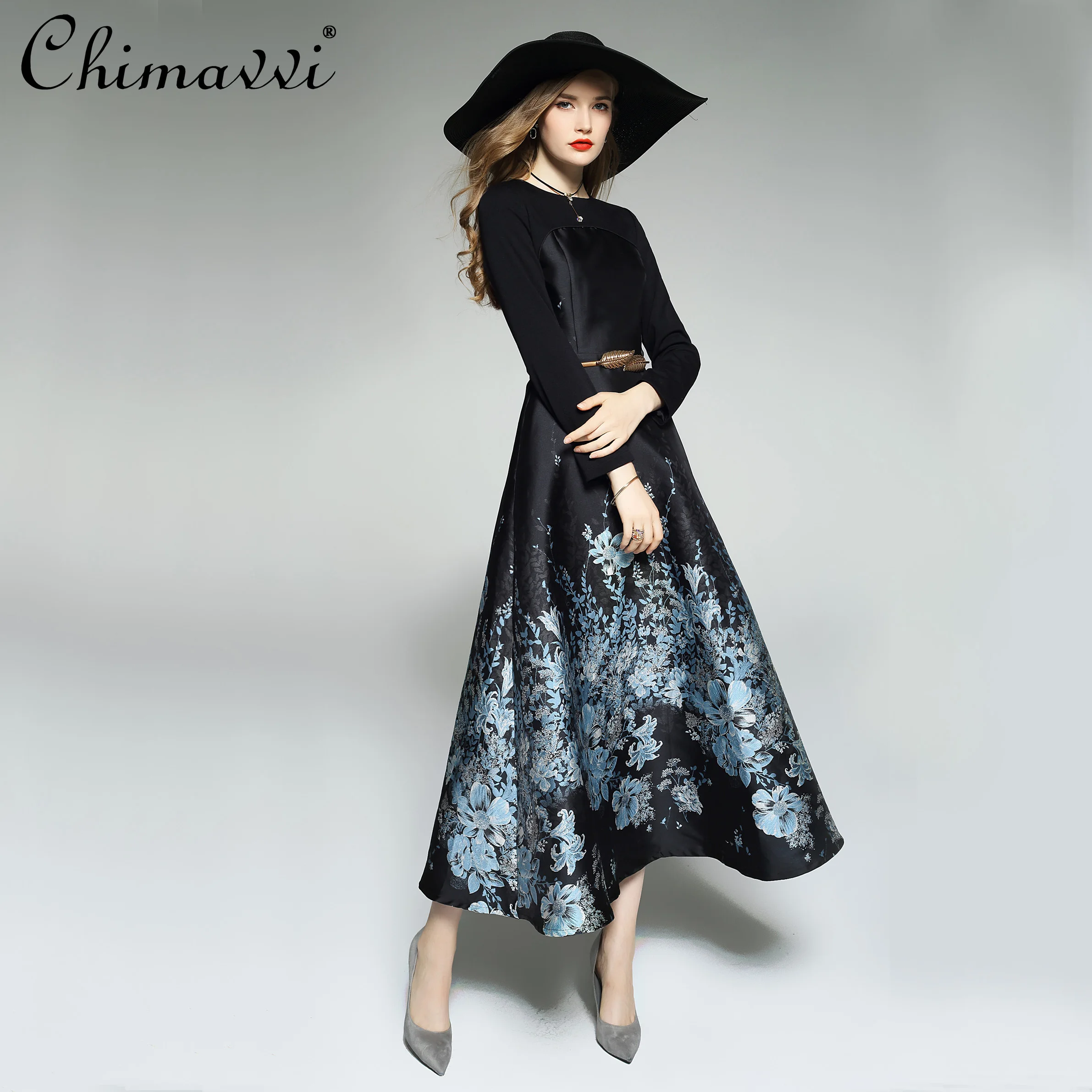 

Rose Printed Dress 2021 Fall Hepburn Retro High-End Luxury Jacquard Maxi Black Dress Long Sleeve High Waist Slim Elegant Dress