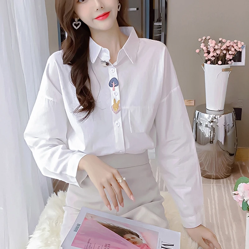 

lovely Young girl Striped White Shirt Women 2020 Autumn New Button Loose Long Sleeve Cartoon Turn Down Collar Women Blouse 30G
