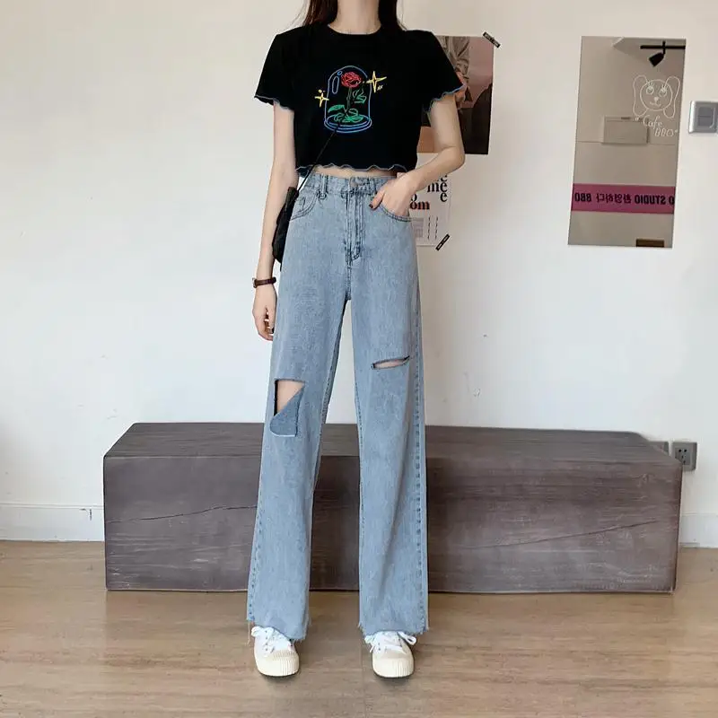 

Hole jeans women's straight pants summer new high waist slim wide leg pants with hairline Korean loose pants