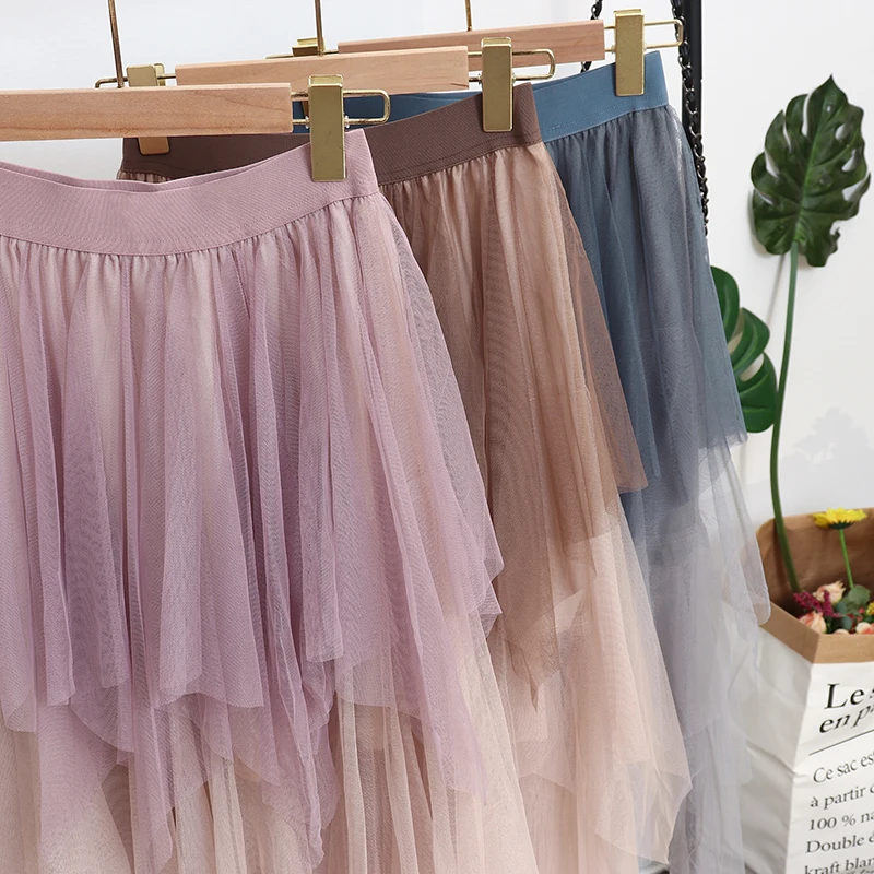 

Gradient Color Irregular Long Mesh Skirt Puff Fairy Cakee Patchwork Multi-Layered A-line Sweet Tiered Tulle Skirts