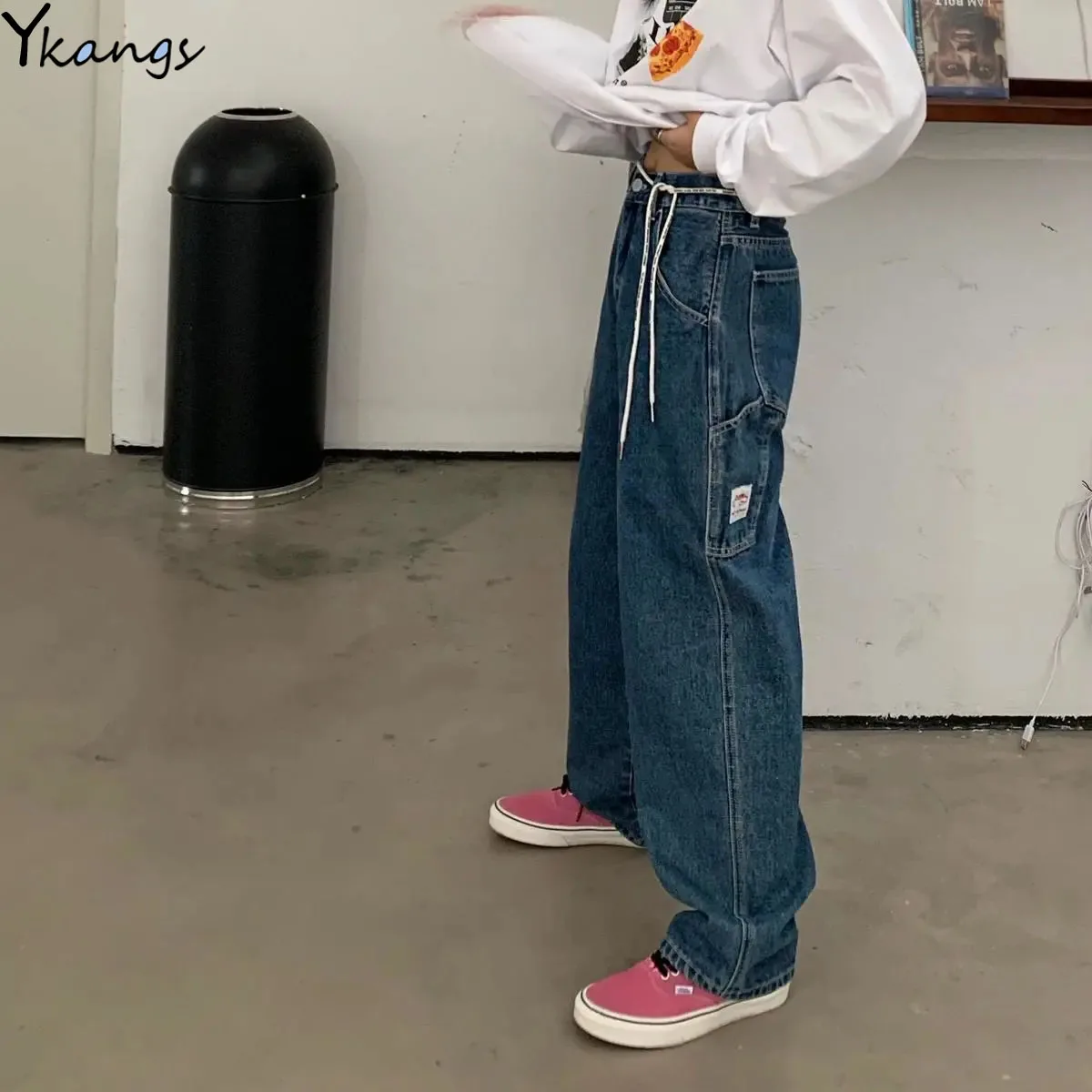 Женские джинсы с карманами широкие высокой талией в стиле Харадзюку | Женская