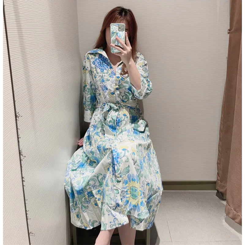

Za Shirt Dress Women Print Long Dresses Woman Summer 2021 Long Sleeve Button Up Female Dress Vintage Midi Ladies Dresses Belt