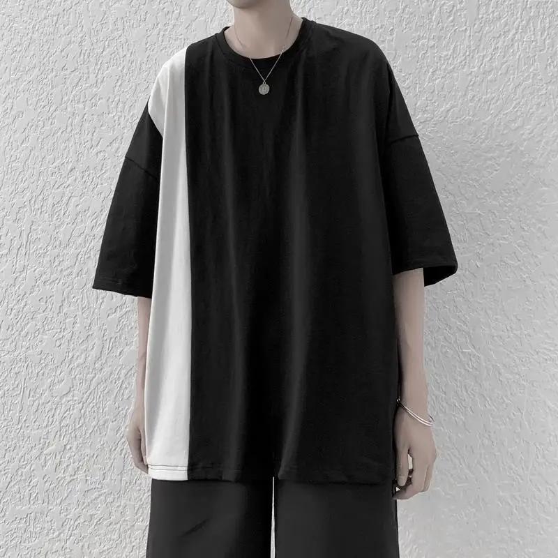 

Summer T-shirt Men's Short-sleeved Student Short Sleeve O Neck Black And White Hit Color Loose Casual Cotton Korean Clothing