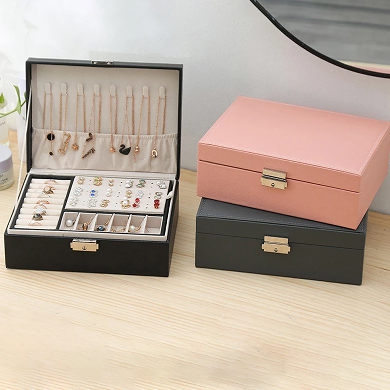

Double-Layer High Capacity Leather Jewelry Organizer Earring Ring Jewelry Box