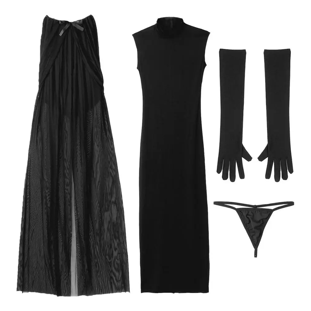 4Pcs Womens Vampire Wicked Witch Cosplay Costume Halloween Ghost Outfit Long Dress Hooded Cape Gloves and G-string Briefs | Тематическая