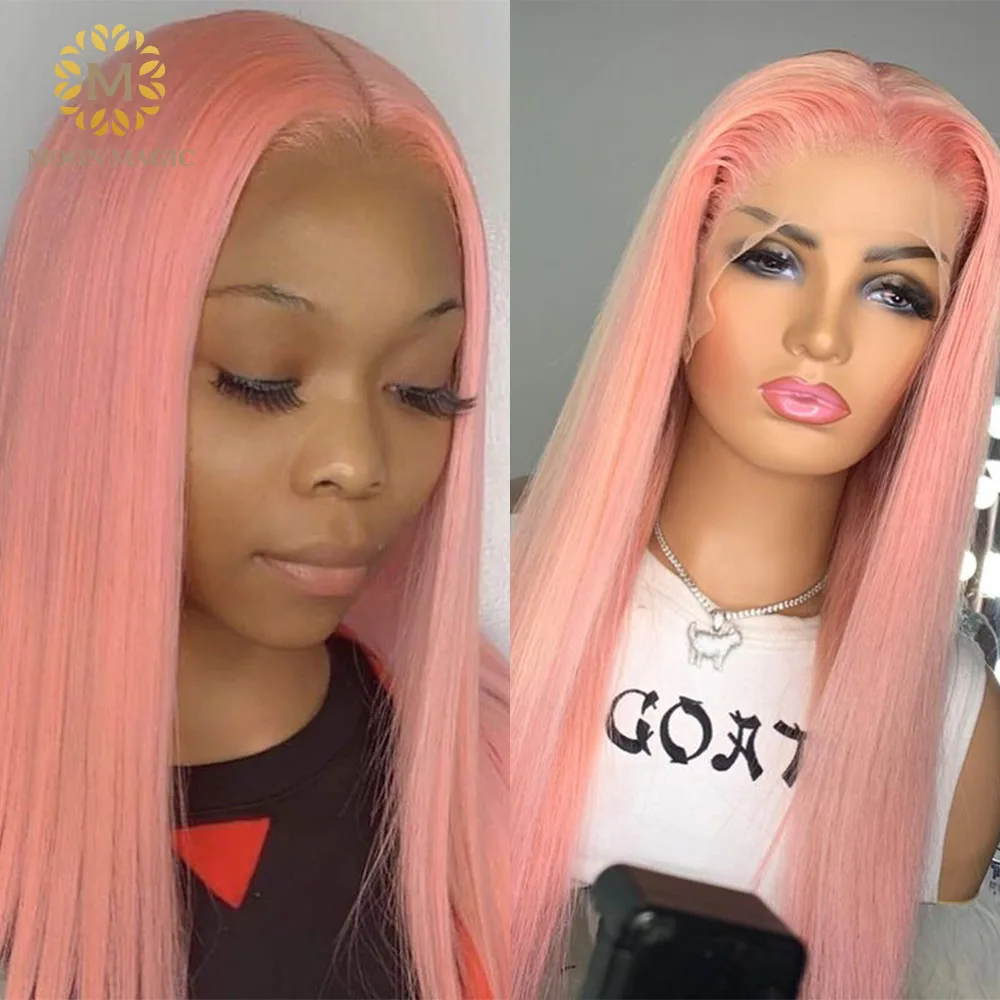 

Transparent Lace Wigs Pink Wig Human Hair Wigs Colored Straight Wig For Black Wowen Pre Plucked Glueless Wig With Baby Hair 130%