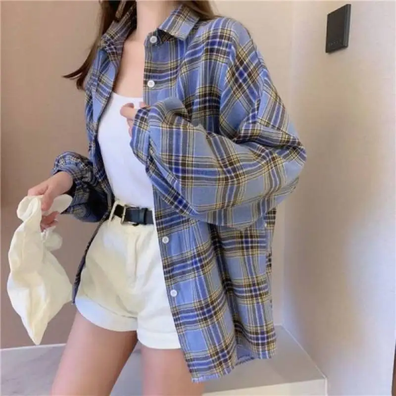 

Cotton Spring Autumn New Shirt BF Loose Large Long Sleeve Plaid Coat Plaid Women Blouses Female Jacket Warm Casual Checked