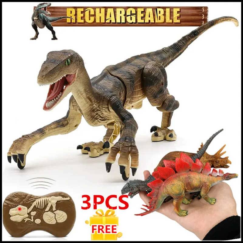 

Игрушки динозавры с дистанционным управлением, ходячий робот-динозавр с рогающим звуком 2,4 ГГц, имитация Велоцираптора, радиоуправляемые э...