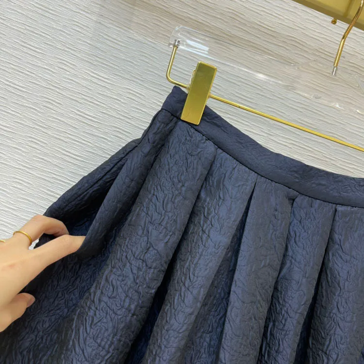 Elegant Dark Blue Skirts for Women Summer 2020 Fashion Big Hem Loose Pleated Skirts Luxury Texture Holiday Casual Skirts Lady