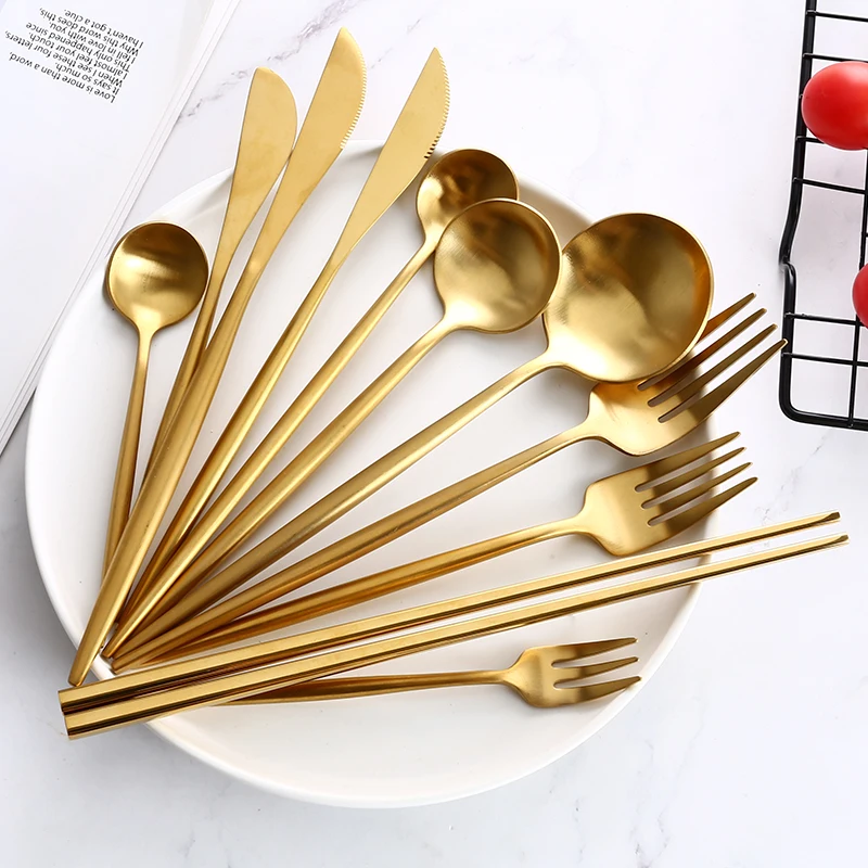 

Gold Cutlery Steak Knife Fork Coffee Spoon Teaspoon Butter Stainless Steel Knives Dessert Fork Spoon Chopsticks Dinnerware Set