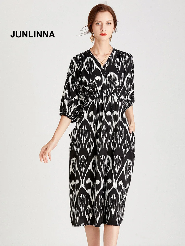 

Satin Printed Dress V Neck Half Sleeve Women Plus Size Dresses Waist Draw String Vintage Vestidos