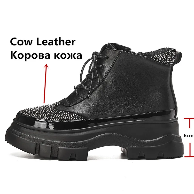 FEDONAS Winter Basic Women Ankle Boots Rhinestone Casual Platform Shoes Woman Genuine Leather High Heeled Party Short Boots