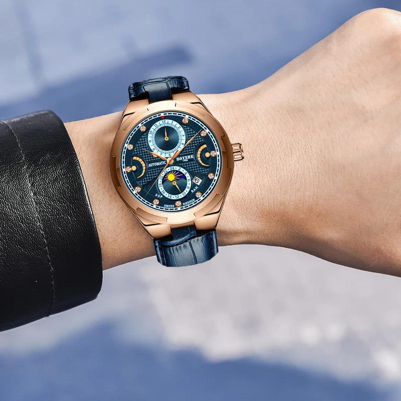Часы BOYZHE Moonphase мужские Роскошные автоматические водонепроницаемые спортивные
