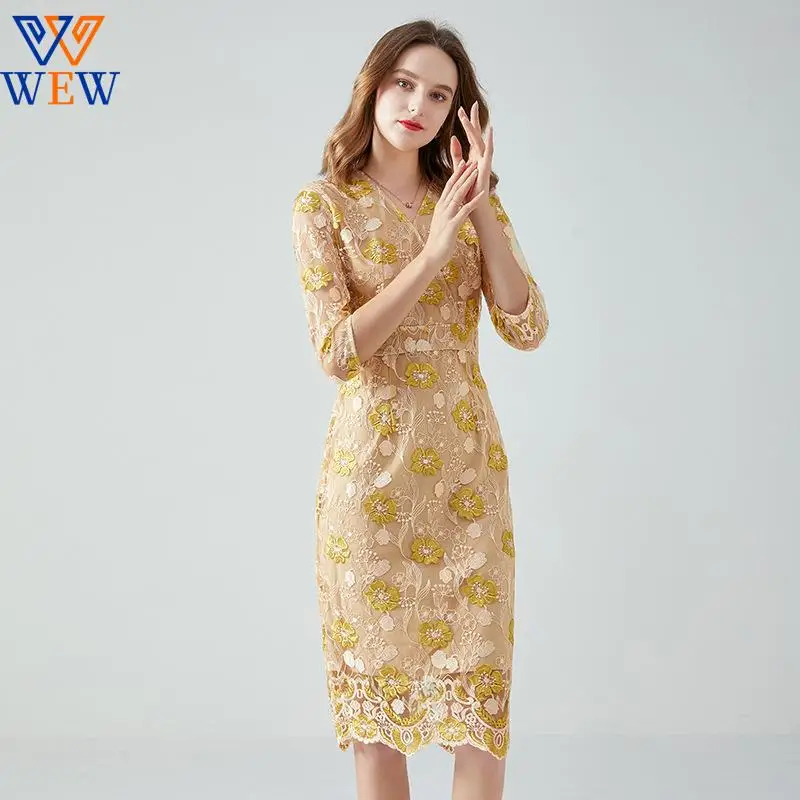 

2021 lace embroidered dress women's long sleeve lady temperament V-neck waistband mid length hip skirt 100kg skirt gold vestidos