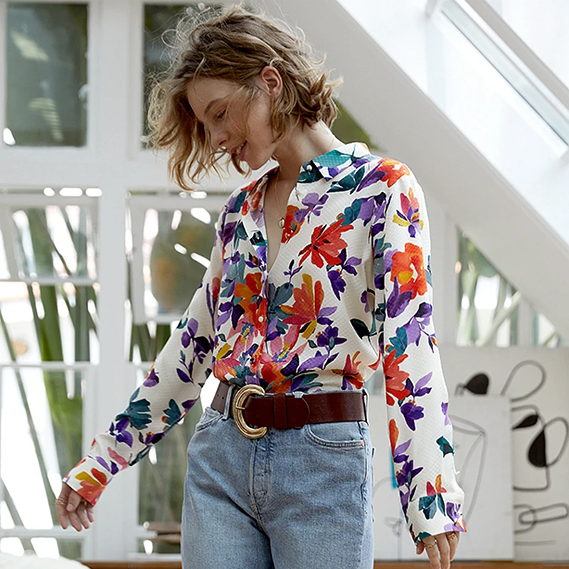 High Quality 100% Silk Blouse Women Casual Style Flower Printed Shirt Turn-down Neck Long Sleeve Tops Elegant New Fashion