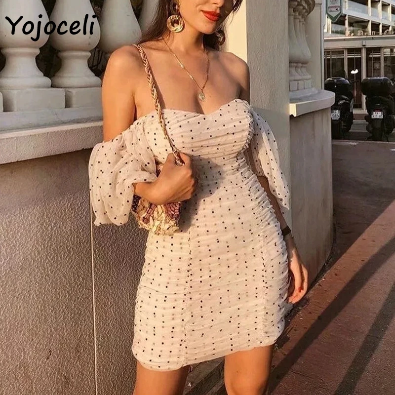 Yojoceli платье в горошек с пышными рукавами женское сексуальное Сетчатое 2019 Летнее